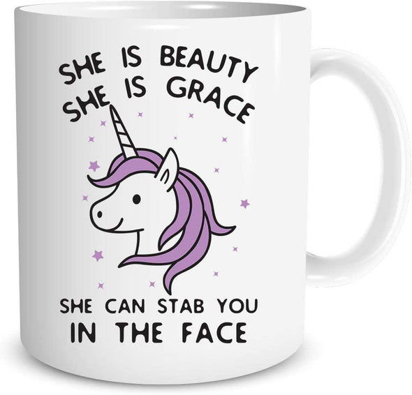 She is Beauty She is Grace, She Can Stab You in The Face - Funny Saying Unicorn Gift Coffee Mug (White, 11oz)