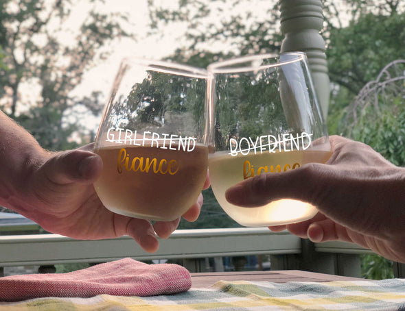 Boyfriend Girlfriend Fiance - Funny Engagement Gift for Couples - 15 oz Stemless Wine Glass Set (2Pack)