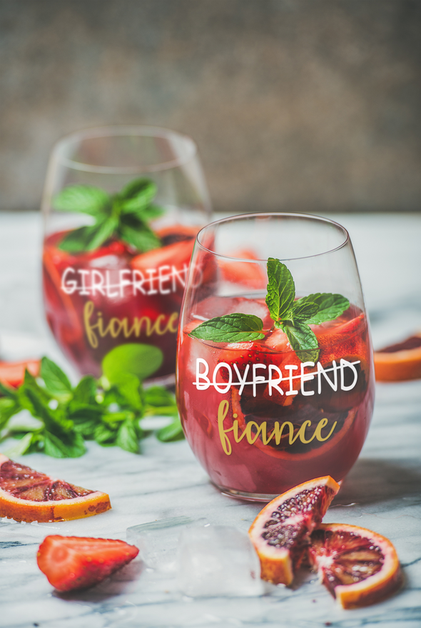 Boyfriend Girlfriend Fiance - Funny Engagement Gift for Couples - 15 oz Stemless Wine Glass Set (2Pack)