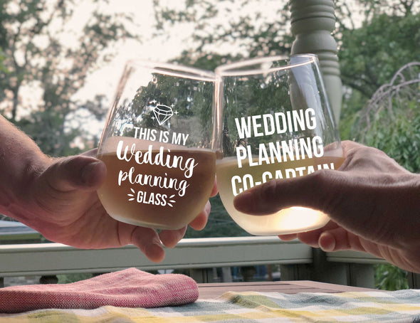 This is my Wedding Planning Glass - Planning Co-captain - Gift for Newlywed Couple - 15 oz Stemless Wine Glass Set (2Pack)