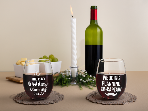 This is my Wedding Planning Glass - Planning Co-captain - Gift for Newlywed Couple - 15 oz Stemless Wine Glass Set (2Pack)