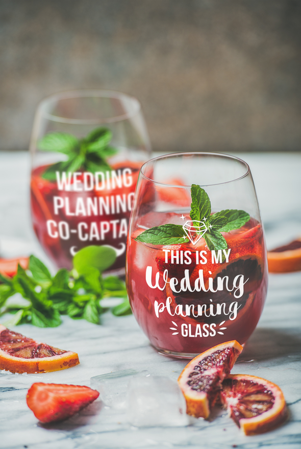 This is my Wedding Planning Glass - Planning Co-captain - Gift for Newlywed Couple - 15 oz Stemless Wine Glass Set (2Pack)