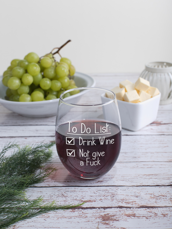To do List - Funny Retirement Party - Birthday Present Perfect Gift Idea - 15 oz Stemless Wine Glass