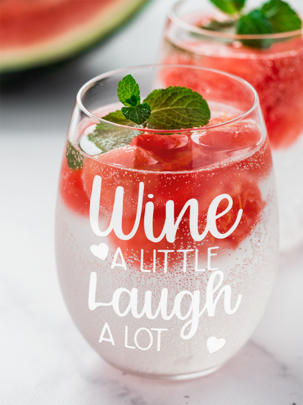 Wine a Little Laugh A Lot - Funny Humor Quote - Gift for Her, Wife, Mom, Girlfriend - 15 oz Stemless Wine Glass