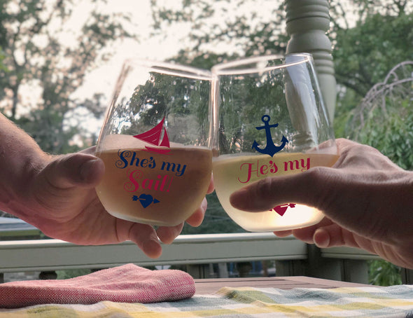 She's my Sail He's my Anchor - Funny Gift for Couples - Anniversary Gift Idea - 15 oz Stemless Wine Glass Set (2Pack)